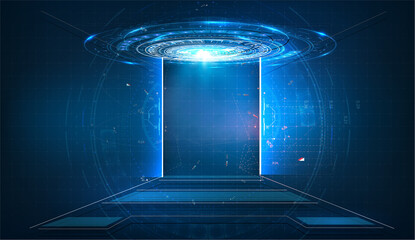 Fototapete - Sci fi tech cyber futuristic design concept background. Door on neon glowing futuristic background. New technologies coming to human life, high-tech. Vector illustration