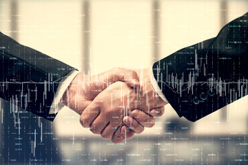 Double exposure of forex graph hologram and handshake of two men. Stock market concept.