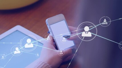 Poster - Network of connection icons against woman using smartphone