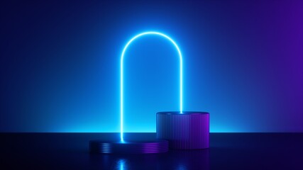 Wall Mural - 3d render, abstract modern minimal neon background. Shiny frame with copy space. Glowing round arch over cylinder podium, empty performance stage, blank platform for product displaying.