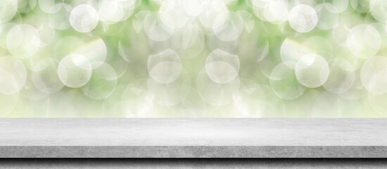 Wall Mural - Empty white stone table desk top,Natural green bokeh and sun light in morning.Empty copy space for product display. Counter nature background concept..