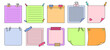© neliakott - Paper sticky notes with elements planning set. Blank notes memo messages. Notebook collection with curled corners, push pins. Various linear tag business office, writing reminds. Isolated vector