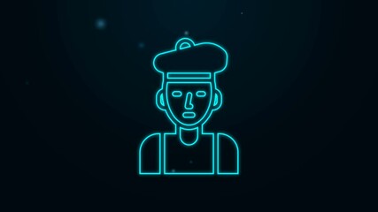 Sticker - Glowing neon line French man icon isolated on black background. 4K Video motion graphic animation