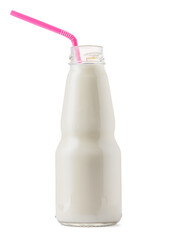 Glass cup of milk with a straw isolated on white