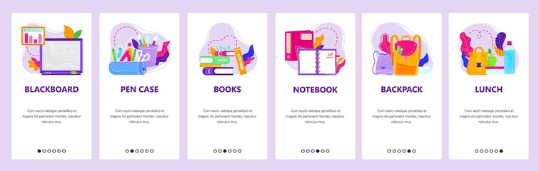 Poster - school stationery, blackboard, backpack, school lunch supplies. mobile app screens, vector website b