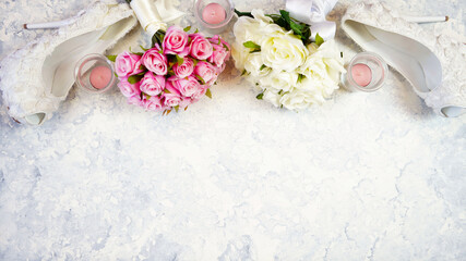 white aesthetic wedding bridal theme desktop workspace with high heel shoes, bouquets and accessorie