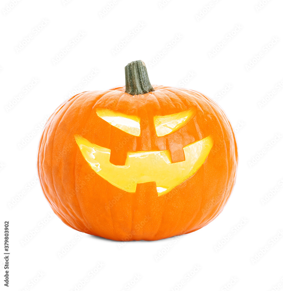 Carved Halloween pumpkin on white background
