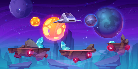 Poster - space game level background with platforms. vector cartoon illustration of universe with alien plane