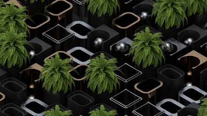 Poster - Abstract 3d render background with metallic elements, spheres, realistic plants. Modern isometric composition. Rich textures. Loop animation.
