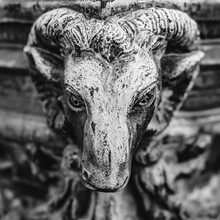Copper Statue Of A Goat's Head In An Old Cemetery
