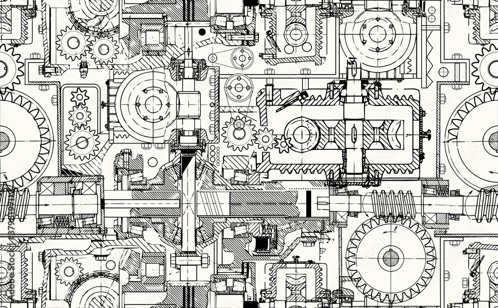 Machianry Pattern Seamless technical pattern, a background of worm gears and other gears ...