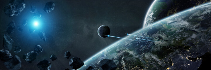 Leinwandbilder - Panoramic space planets background. Panorama of distant solar system with exoplanets 3D rendering elements of this image furnished by NASA
