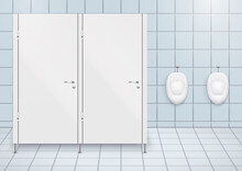 Toilet Cubicle. WC Restroom And Porcelain Urinals In Row. Public Toilet Interior With Ceramic Urinals. Front View And Wall Mount. Vector Illustration
