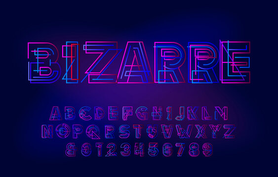 Bizarre alphabet typeface. Futuristic geometric letters and numbers. Stock vector alphabet for your typography design. Abstract blurred background.