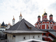 Roof Of The Old English Court And View Of Red Church Of Znamensky Monastery In The Old Tsar's Yard From Varvarka Street In Moscow City In Autumn Morning