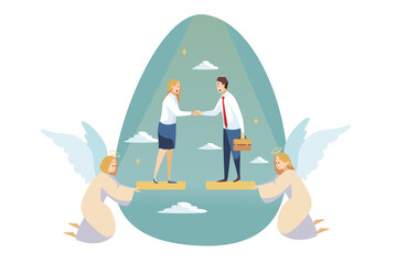 Wall Mural - Religion, support, business, christianity, meeting concept. Angels religious characters helping young businessman woman clerk manager making deal. Divine assistance with reconciliation illustration.