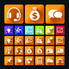 Poster - Set of Flat Universal White Business Icons with Shadows on Realistic Colorful Button on Black Background . Isolated Vector Elements