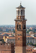 Verona. Closeup of the Torre dei Lamberti, medieval tower (XI century-1403) seen from the hill, UNESCO heritage site, Veneto, Italy, Europe.