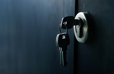 Selective focus/Keys stuck in a lock with door.