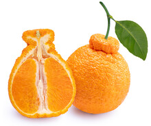 Orange Fruit With Leaf Isolated On White Background, Fresh Dekopon Orange Or Sumo Mandarin Tangerine On White Background (With Clipping Path)