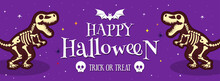 Happy Halloween Banner Vector Illustration. Trick Or Treat With Dinosaur Skeleton Cartoon On Purple Background