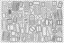 Windows And Doors Doodle Set. Collection Of And Drawn Sketches Templates Patterns Of Different Size Window Frames And Entrances Of Buildings On Transparent Background. Architecture And Outdoor Design.