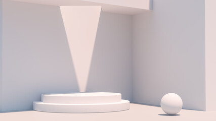 Fototapete - Product setting podium white abstract minimalistic geometry, minimal light interior, object placement, abstract gray background room, 3d rendering,
