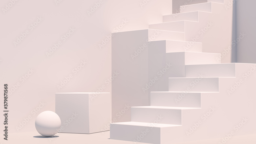 Product setting podium white abstract minimalistic geometry, minimal light interior, object placement, abstract gray background room, 3d rendering, - obrazy, fototapety, plakaty 