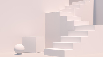 Fototapete - Product setting podium white abstract minimalistic geometry, minimal light interior, object placement, abstract gray background room, 3d rendering,
