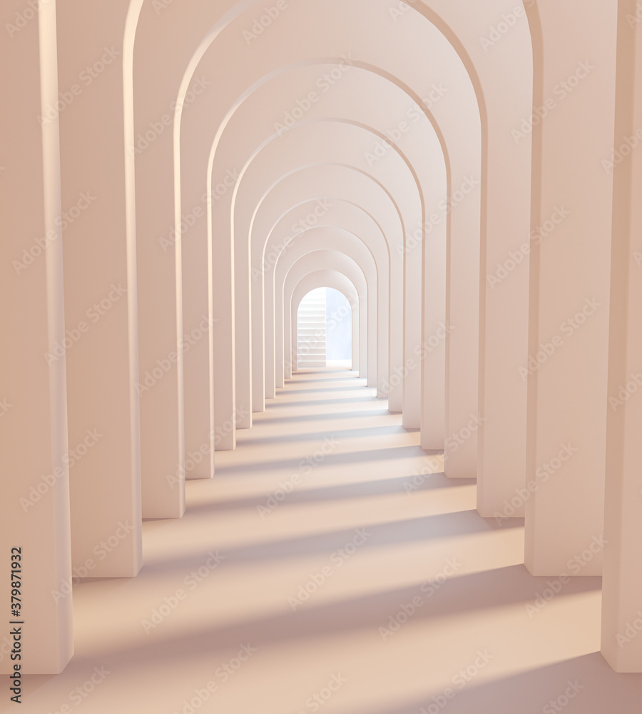 Archway white architecture. Arches Corridor inside building. 3d rendering - obrazy, fototapety, plakaty 