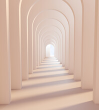 Archway White Architecture. Arches Corridor Inside Building. 3d Rendering