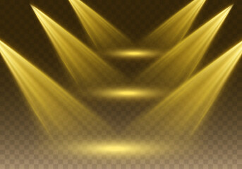 Projector beam effect. Glowing stage light rays isolated on transparent background. Vector bright yellow scene spotlights