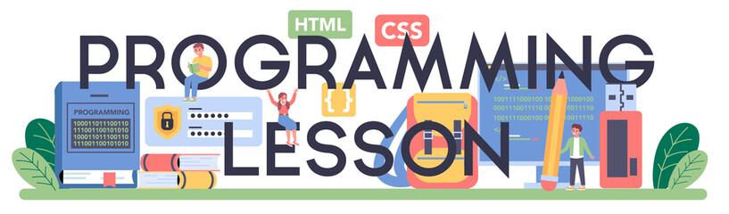 Poster - Programming lesson typographic header. Student write software