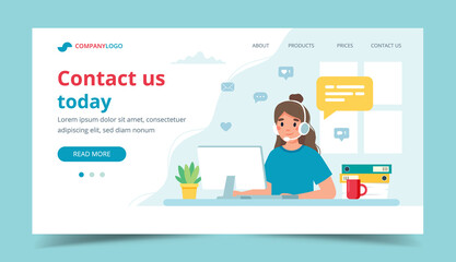 Wall Mural - Contact us landing page. Woman with headphones and microphone with computer. Concept illustration for support, assistance, call center.