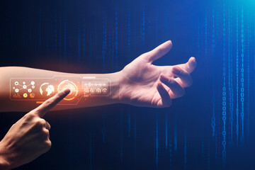 Poster - Man Pushing Buttons On His Hand Over Blue Background, Closeup
