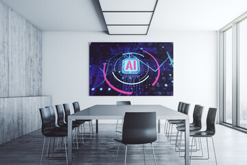 Poster - Creative artificial Intelligence abbreviation on presentation monitor in a modern boardroom. Future technology and AI concept. 3D Rendering