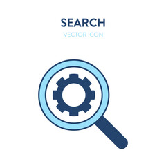 Settings search icon. Vector illustration of a magnifier tool with gear symbol inside. Represents concept of settings, maintenance service, fixing issues, technical problems, engineering