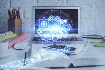 multi exposure of desktop computer and technology theme hologram. concept of software development.