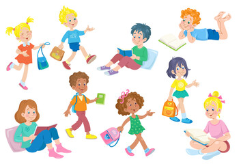 Sticker - Boys and girls of different ages and nationalities with books and school bags. In cartoon style. Isolated on white background. Vector flat illustration.