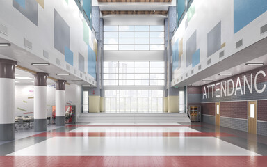 Wall Mural - School entrance with high ceiling lobby. 3d illustration