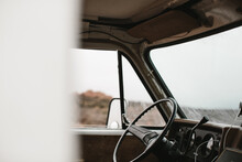 View Of Windshield And Steering Wheel Of Old Van