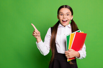 Wall Mural - Photo portrait of excited schoolgirl pointing finger at copyspace holding notebooks isolated on vivid green colored background