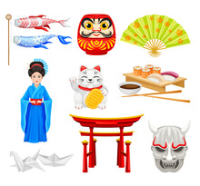 Japan Symbols With Origami Figures And Geisha Girl Vector Set