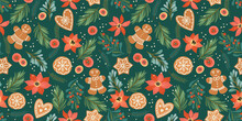 Christmas And Happy New Year Seamless Pattern With Gingerbread. Vector Design Template.