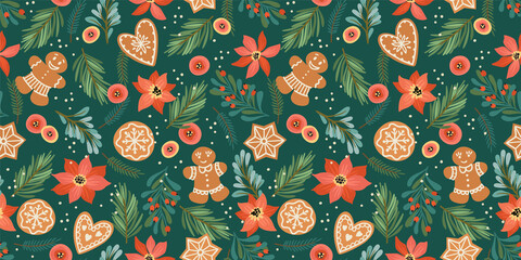 Christmas and Happy New Year seamless pattern with gingerbread. Vector design template.