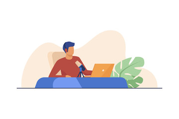 Wall Mural - Radio DJ in studio. Man in headphones sitting at microphone and laptop flat vector illustration. Workplace, on air, broadcasting concept for banner, website design or landing web page