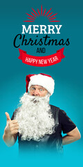 Greeting flyer for ad. Concept of Christmas, 2021 New Year's, winter mood, holidays. Copyspace, postcard. Santa in modern outfit with thumb up isolated on blue background with Xmas holidays greeting.