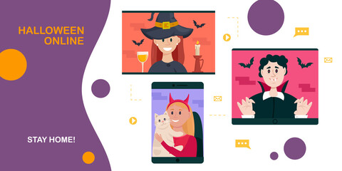 Poster - Halloween online party. People using video conference service for collective holiday virtual celebration, party online with friends from home. New normal Halloween celebrate. Vector illustration.