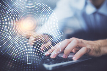 Aufkleber - Businessman with computer background with brain theme hologram. Concept of brainstorm. Multi exposure.