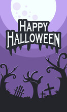 Happy Halloween Greeting Card. Moonlight In Purple Sky Vector Illustration Banner. Scary Night  With Zombie Hand, Spooky Tree And Graveyard Silhouette Celebration Wallpaper.